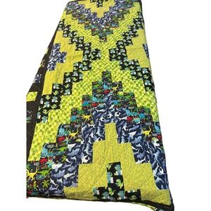 Handmade Dinosaur Shark Patchwork Quilt Green Blue Black 42x71 Kids baby Blanket